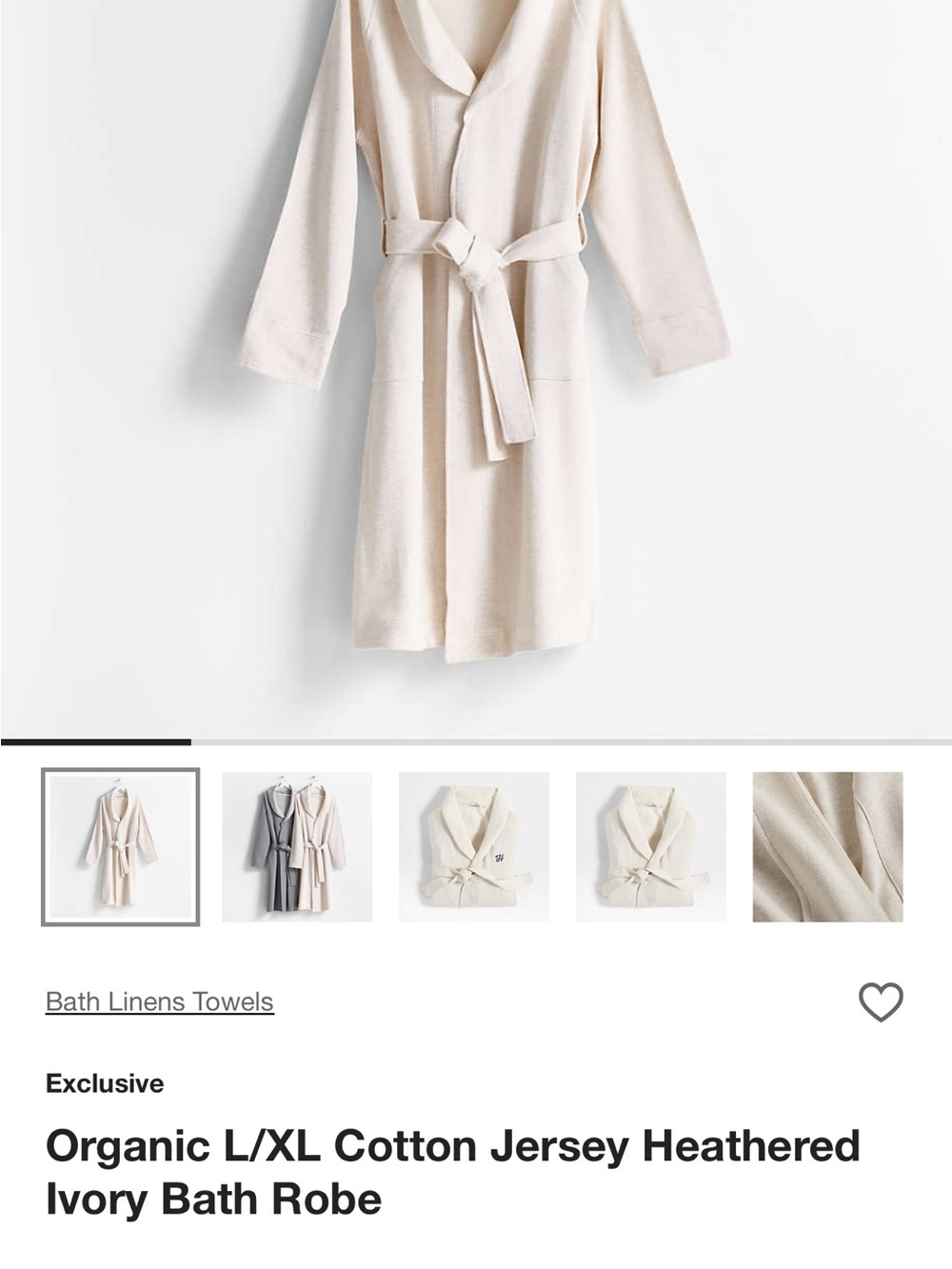 Crate&Barrel Heathered Ivory Organic Cotton Jersey Robe